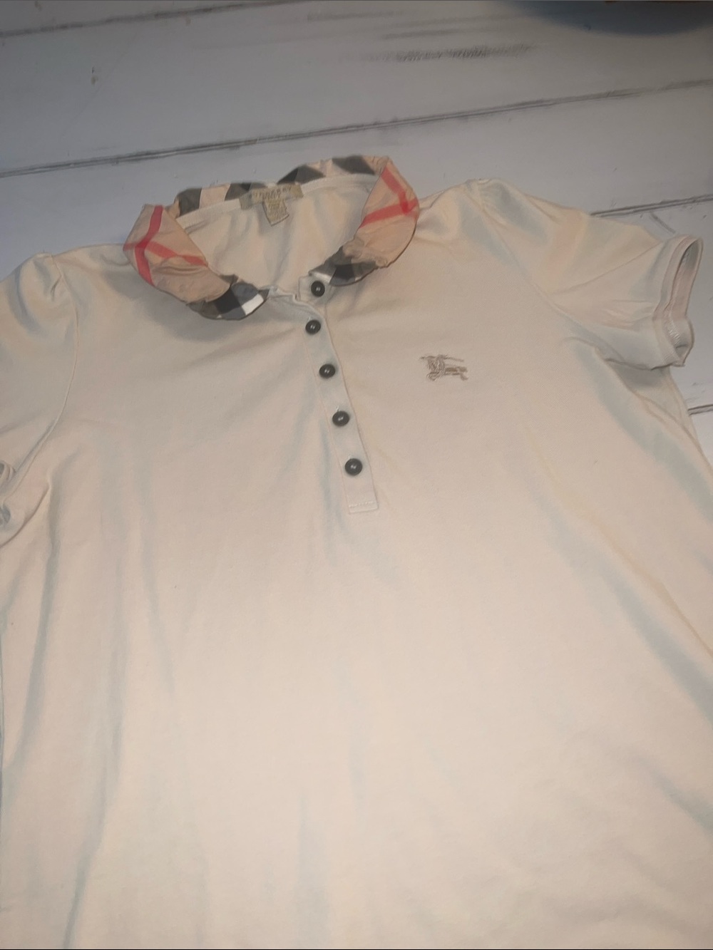 Burberry Cream Polo with Signature Plaid Collar -likenew